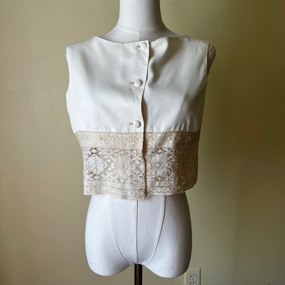 Vintage 1960s Polly Hornburg White Lace Trim Crop Top Vest Small Boho Tank - Picture 1 of 9